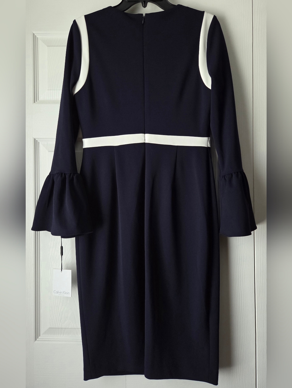 NWT Calvin Klein Navy Dress with White Trim and Bell Sleeves Size 8 - Picture 8 of 14